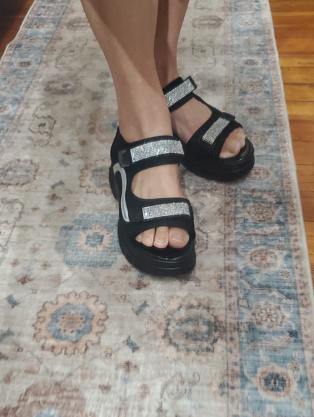 Women's Black Sandals with Rhinestone Straps